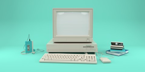 Retro computer, audio player and photo camera on blue pastel background 3d render