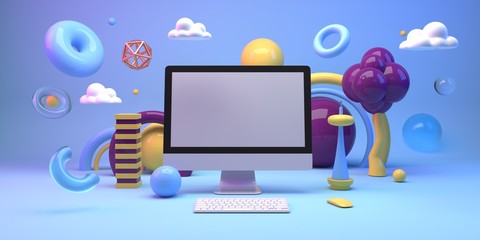 Mock up composition with computer and geometry figures 3d render © Yura
