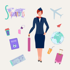 Colorful vector alphabet. Book of professions. Profession Stewardess. Letter S