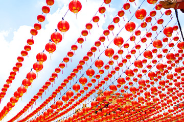 Festive New year decorations with Chinese red lanterns of the Chinese temple