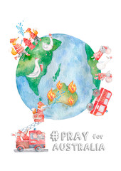 Australia fire with firefighter animals around the world baby help with baby and carrying water tube to stop fire pray for australia concept. Cute watercolor forest animals