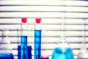 Two test tubes with blue liquid in the laboratory on the background of glass flasks.