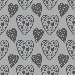 Gray seamless pattern of decorative hand-drawn hearts