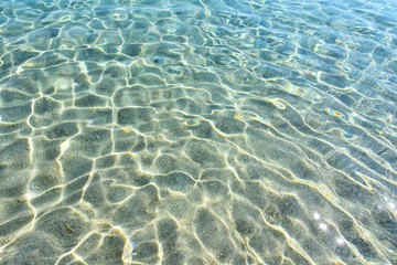 Soft focus. Abstract water background. Clean transparent water backdrop. Pure sea with sun glare on the surface of water. Textured water surface with selective focus and sun beams. Summertime 