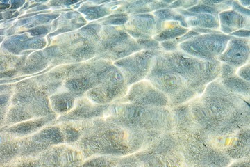 Soft focus. Abstract water background. Clean transparent water backdrop. Pure sea with sun glare on the surface of water. Textured water surface with selective focus and sun beams. Summertime 