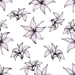 Fototapeta na wymiar Seamless floral pattern with hand-drawn lilies, monochrome and pink. Endless texture for your design, romantic greeting cards, ads, fabrics.