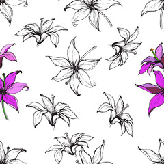 Fototapeta na wymiar Seamless floral pattern with hand-drawn lilies, monochrome and pink. Endless texture for your design, romantic greeting cards, ads, fabrics.