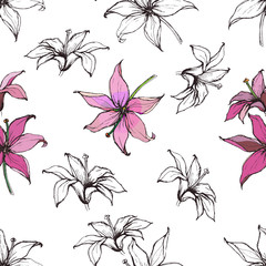 Seamless floral pattern with hand-drawn lilies, monochrome and pink. Endless texture for your design, romantic greeting cards, ads, fabrics.
