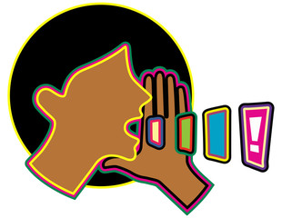 Screaming female profile with multi-colored contour. Advertising. Vector illustration