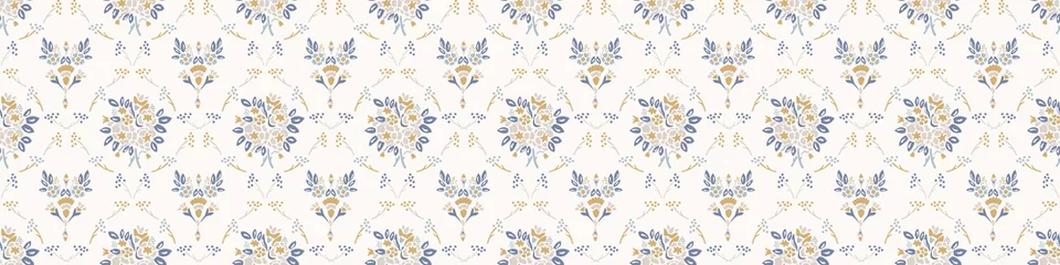 Wallpaper murals Farmhouse style French damask shabby chic floral linen vector texture border background. Pretty daisy flower banner seamless pattern. Hand drawn floral interior home decor ribbon trim. Classic rustic farmhouse style.