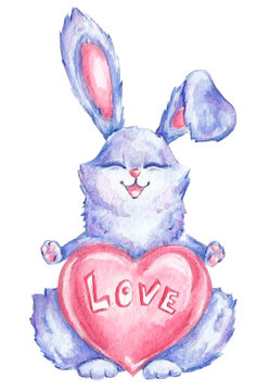 Illustration, watercolor of a cute rabbit with hearts, Valentine's day on a white background, love, greeting card, holiday. Birthday, wedding.