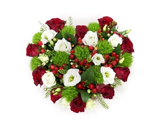 Beautiful valentiens day floral arrangement. Red roses, white and green flower composition.