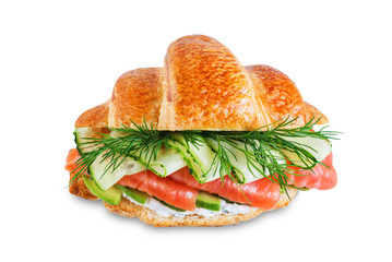 Smoked salmon ricotta cheese cucumber avocado croissant on a white isolated background