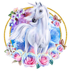 White fairytale unicorn with blue and pink roses in a gold frame, in a ring. Horse in flower wreath or ornament isolated on a white background © Yuliia