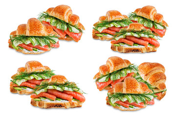 Smoked salmon ricotta cheese cucumber avocado croissant on a white isolated background