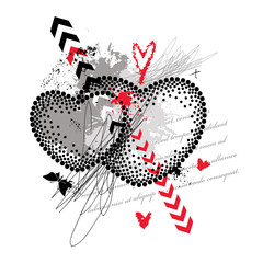 Dotted Valentine two heart with arrows, strokes and butterflies in black and red isolated on white background. 