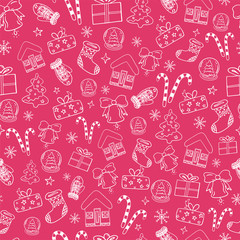 Seamless pattern vector with Happy New Year and Christmas hand drawn doodle icons for design cards, invitations, wallpaper, wrapping paper. Christmas tree, glass snowball, snowflakes, bells and more.