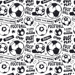 Seamless pattern with soccer balls and text for textile. Hand drawing, short hand-written phrases: just play, i love this game. Sports background.