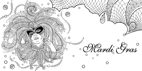 Outline woman face with peacock feathers, ornate collar and Mardi Gras beads in black isolated on white background. © bokasana
