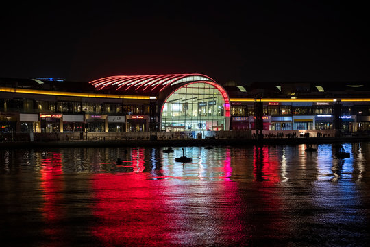 Dubai Festival City Mall. Night view of the Dubai Embankment in the festival city during the Dubai Shopping Festival. United Arab Emirates, Middle East