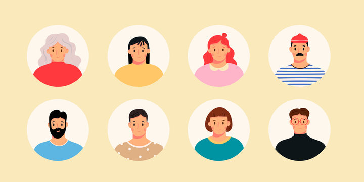 Various People Avatars. Round Icons. Social Media Profile. Men And Women, Male, Female. Different Age, Clothes, Various Haircuts. Hand Drawn Vector Set. Trendy Illustration. All Elements Are Isolated