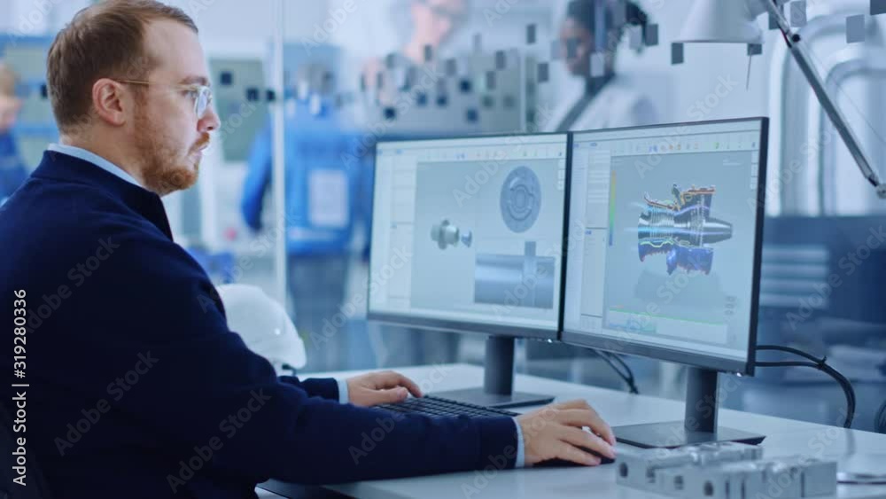 Poster Heavy Industry Engineer Working on Personal Computer, Screen Shows CAD Software with 3D Prototype of Zero-Emissions Engine. Industrial Factory with High-Tech CNC Machinery. Side View Arc Portrait