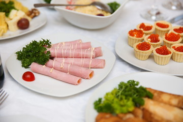 background of cold appetizers on the festive table. ham rolls on a plate