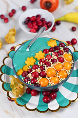 Healthy yogurt and fruit smoothie bowl with natural green spirulina powder decorated with cranberries, physalis and kaki fruits and puffed quinoa grains