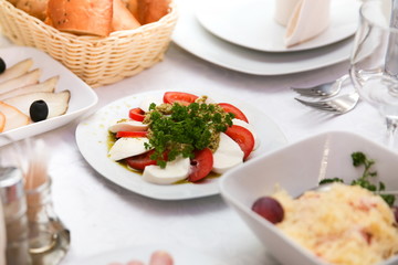 background of cold appetizers on the festive table. 