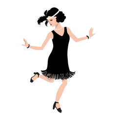 Vector Illustration of girl in the style of the 1920s in charleston dance pose. Beautiful  young european lady. Realistic woman in flat style on a white background