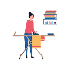 Fototapeta premium Woman stroking bedding on an ironing board. Behind a shelf with ironed things, clothes, threads, buttons. Flat vector illustration isolated on white background.