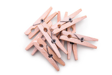 Wooden pegs isolated on white background. Zero waste alternative for plastic pins. Eco friendly concept