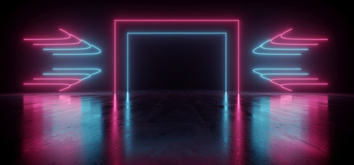 Retro Modern Sci Fi Neon Glowing Arrow Shaped Line Tubes Fluorescent Pantone Purple Blue Laser Lights In Dark Concrete Grunge Garage Club 3D Rendering