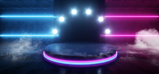 Smoke Fog Dark Showcase Neon Purple Blue Studio Laser Glowing Stage Podium Empty Sci Fi Futuristic Modern Cyber Virtual Vibrant Garage Room 3D Rendering