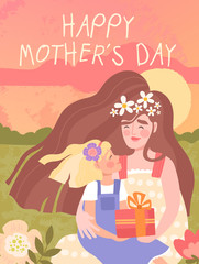 Happy Mothers Day greeting card design with a mother and her young child outdoors in nature with flowers in the garden holding a red gift, vector illustration