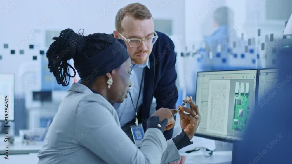 Poster modern electronics factory: female supervisor talks to a male electrical engineer who works on compu