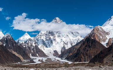 View of K2, the second highest mountain in the world with Upper Baltoro Glacier, Pakistan