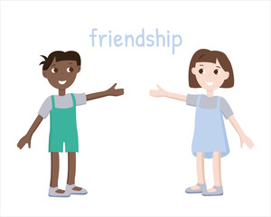 Two children of different nations. Friendship of children. Cute boy and girl
