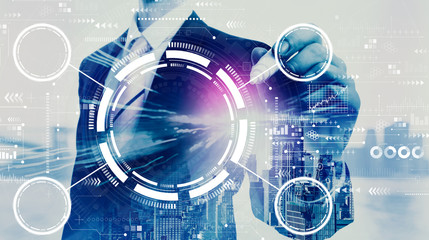 Tech circle with businessman on a city background