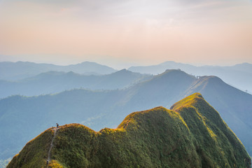 Evening view of the trail back to camp site from the top of Khao Chang Phueak Peak (1,249 meters in elevation), Thong Pha Phum National Park, Pilok, Kanchanaburi, Thailand