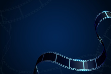Fototapeta premium Film reel stripe cinema isolated on blue background. Modern 3d realistic film strip. Vector cinema festival. Movie and film template can be used of backdrop, brochure, leaflet, poster, banner or flyer