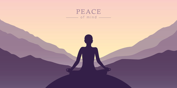 Peace Of Mind Meditation Concept Silhouette With Mountain Background Vector Illustration EPS10