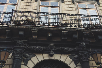 Old streets of Lviv. Austrian architecture. City details. The atmosphere of Leopolis.
