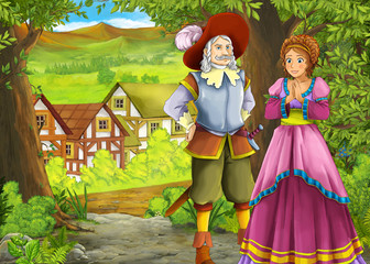 cartoon summer scene with path to the farm village with prince and princess