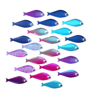 Set of colorful cartoon fish on a white background. 3D illustration with glossy and matte marine life in pink, blue, silver and purple colors.