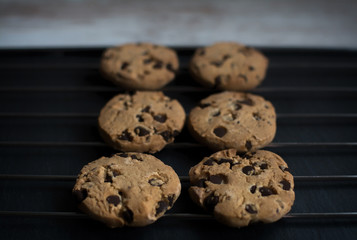 Candy store, pastry shop. Chocolate cookies fresh from the oven. Closeup and depth of field