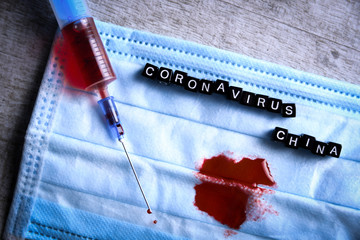 Coronavirus blood analysis concept.Coronavirus originating in Wuhan, China.respiratory mask with a...