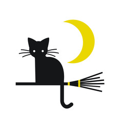 Cat sitting on a broom with moon vector illustration
