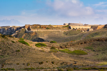 View of Fortaleza de La Mola, the biggest European fortresses built in the 19th century on Menorca. Baleares, Spain