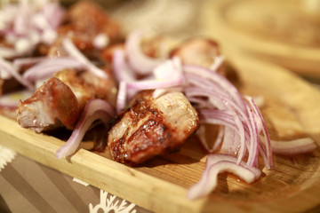 Kebab with onions on board